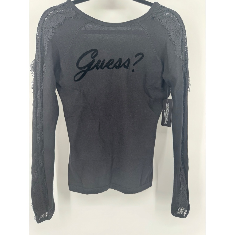 Guess Holly Lace Sleeve Logo Top Jet Black Women XL New